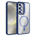 Galaxy S25 Kılıf Standlı ve Kamera Lens Hediyeli M-Safe Şarj Özellikli Zore Etro Kapak - Lacivert